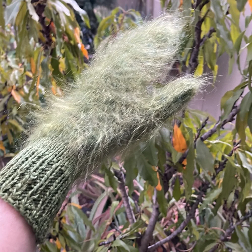Light olive green hand knitted wool/mohair mittens